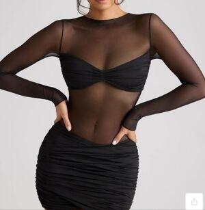 Oh Polly Black Sheer Long-Sleeve Mesh Mini Dress